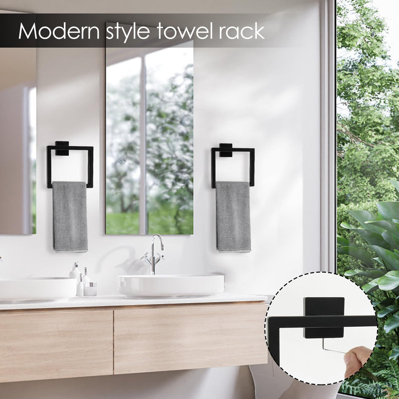 Stainless Steel Square Towel Racks for Bathroom, Black Hand Towel Holder Wall Mount, Modern Towel Ring for Guest Bath, Bathroom Accessories, Bathroom Towels for Wall, Rust-Proof, 2 Pack Black 2pcs