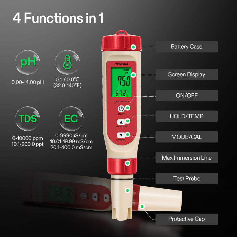 [Australia - AusPower] - VIVOSUN 4-in-1 Digital pH Meter with pH/TDS/EC/Temp Function, 0-14.0 pH Measurement Range, ±0.1 pH Accuracy Water Quality Tester for Hydroponics, Household Drinking, and Aquarium Red 