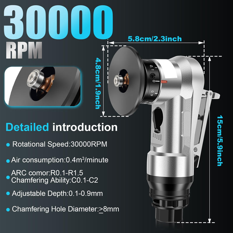 Mini Pneumatic Chamfering Machine, 30000 RPM Portable Air Beveling Machine with 1/4 Inch Air Inlet Handheld, 45° Mini Chamfering Machine Air Tools with Blades for Beveling Deburring 6C+6R+6 bearings Silver