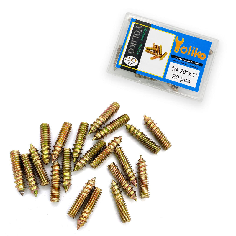 [Australia - AusPower] - 20 Pack 1/4-20 x 1 Inch Hanger Bolts 1/4-20" Double Headed Bolts 1/4 Wood Dowel Screw Self-Tapping Screw Hanger Bolts for Furniture Screws Double Screw Threaded Rods Bolt 25.4mm Length 1/4-20x1"-20Pcs 