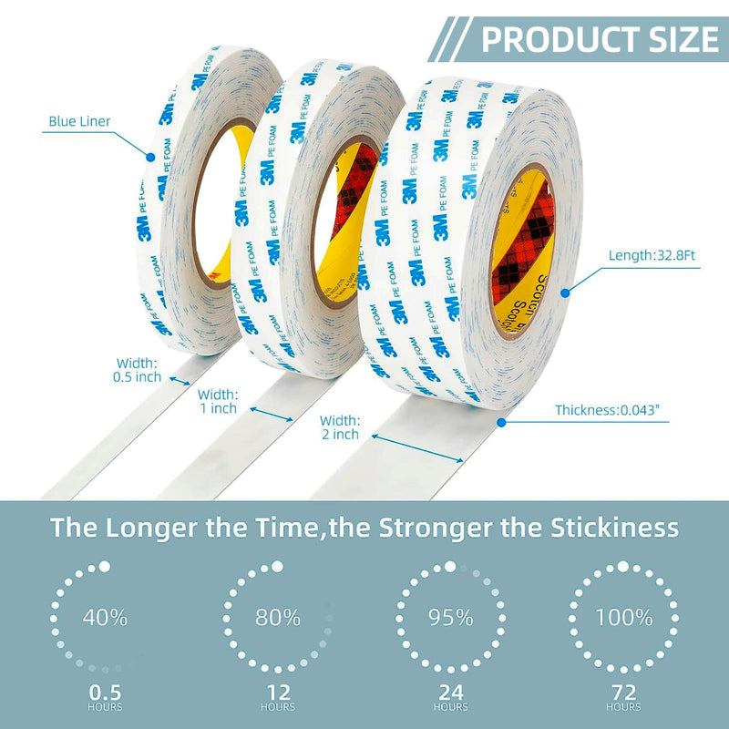3M PE Foam Tape Double Sided Tape 2 in x 16.5ft 2 Pack Heavy Duty Waterproof for Crafts Picture Hanging Poster Alarm Sensor Arts DIY Home Deco 2.0"x16.5Ft