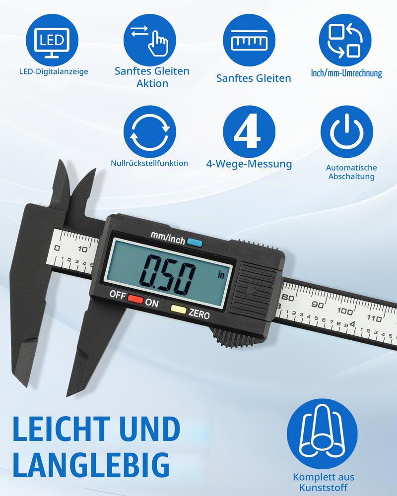Digital Vernier Calliper, 150 mm/6 Inch, Plastic Calliper with Large LCD Display and Auto-Off, and Millimetre Conversion, Scratch-Resistant Measuring Gauge for Outdoors, Depth and Step | mit Großem LCD Display & Auto-Off, und Millimeter-Umrechnung, Kra...
