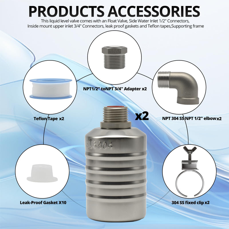 [Australia - AusPower] - HXH 304 Stainless Steel NPT Auto Water Level Control Float Valve, 1/2" to 3/4'' Water Level Automatic Control Float Valve for Water Towers, Pools, livestock Tanks, Etc (Pack of 2). 