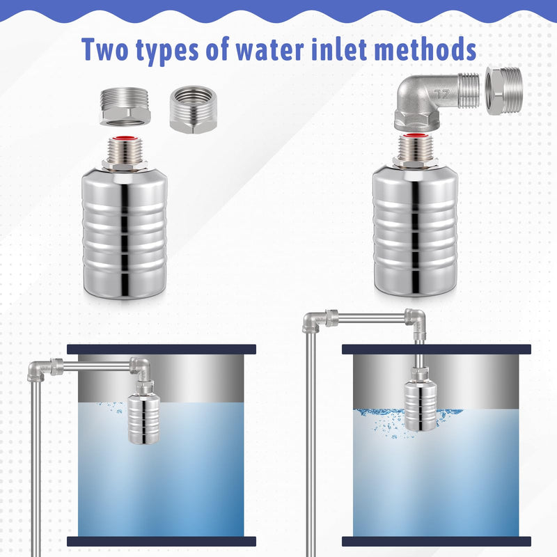 2 Packs 304 Stainless Steel Float Valve Automatic Water Level Control Float Valve 1/2" To 3/4'' Auto Shut off Water Tank Floats with Side/Top Entry for Fish Tank Swimming Pool Troughs