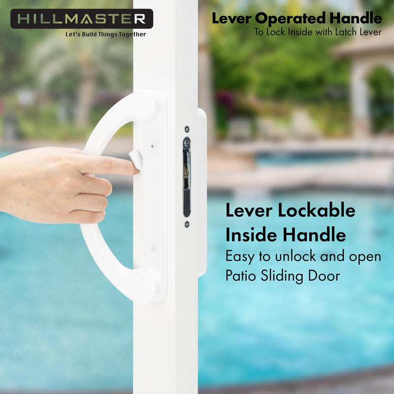 HILLMASTER Sliding Glass Door Handle with Mortise Lock and Key Cylinder,Patio Door Lock with Key Replacement Patio Door Handle Set Sliding Door Lock Fits 3-15/16" Screw Hole Spacing,Reversible Design White