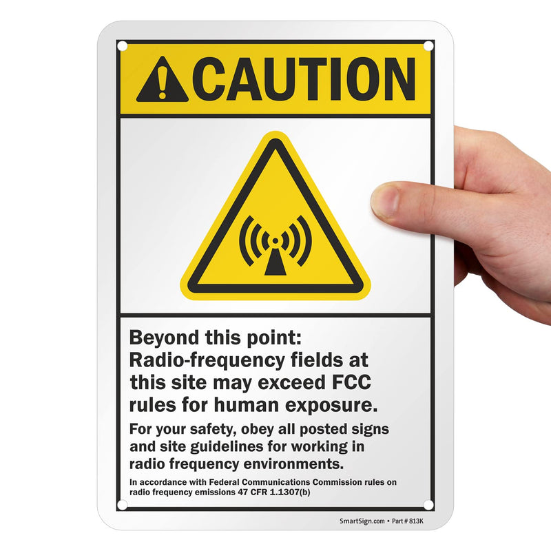 SmartSign 10 x 7 inch “Caution - Beyond This Point: Radio-Frequency Fields May Exceed FCC Rules for Human Exposure” ANSI Metal Sign, 40 mil Laminated Rustproof Aluminum, Yellow, Black and White