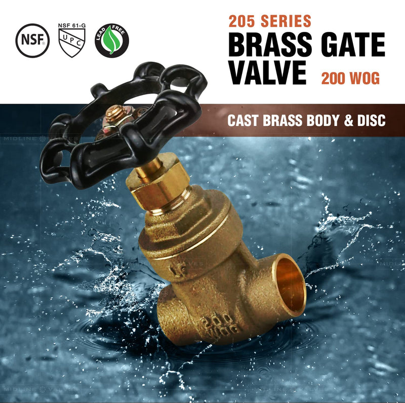 Midline Valve 427D234-5 Gate Valve, 1/2 in. Sweat Connection, Cast Brass (5 Pack), 5 Count 5 Pack 1/2 in.