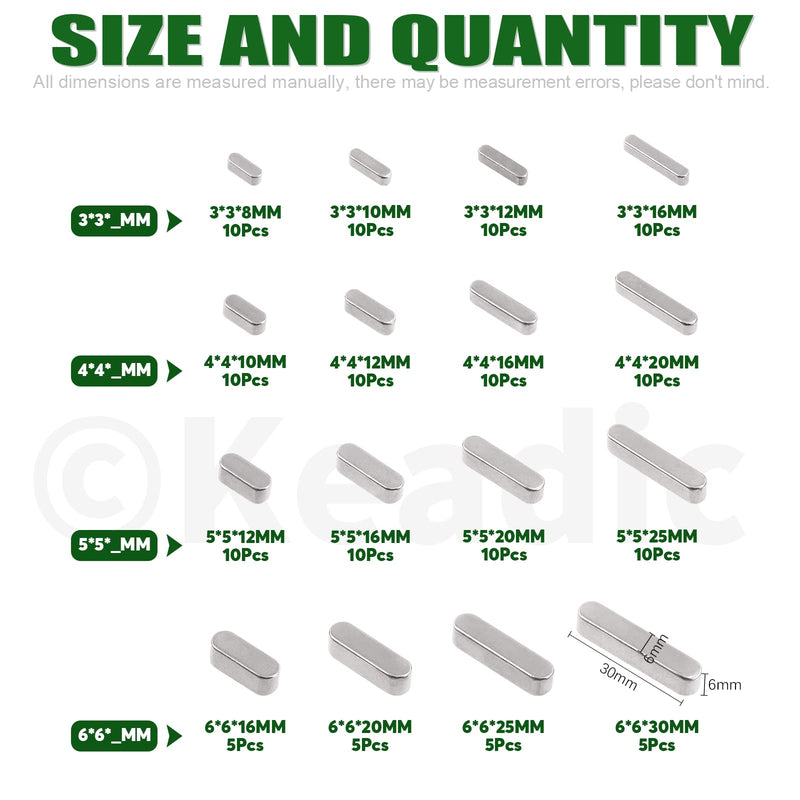 [Australia - AusPower] - Keadic 140Pcs 16 Sizes 304 Stainless Steel Key Stock Assortment Set 8mm 10mm 12mm 16mm 20mm 25mm 30mm Round Ended Parallel Drive Shaft Key Parallel Keys Pulley Feather Key for Fastening Connection 