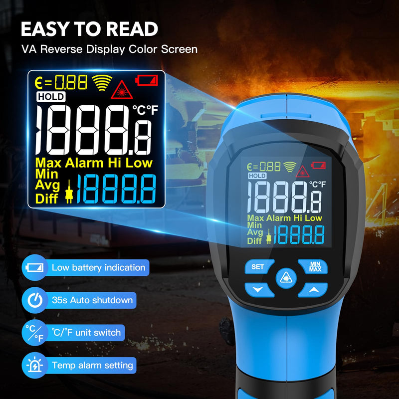 [Australia - AusPower] - Infrared Thermometer Temperature Gun, -40℉ to 2192℉ Dual Laser High Temp Thermometer with LCD Color Display, Non-Contact Industrial Pyrometer 50:1 Distance Ratio, Adjustable Emissivity Blue (-40℉~2192℉) 