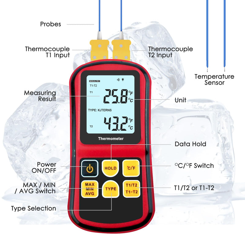 [Australia - AusPower] - Digital K Type Thermocouple Thermometer, Dual Channel Thermometer with Two K Type Thermocouples Probes LCD Display Temperature Tester for K/J/T/E/R/S/N Type(-238~3212°F) 