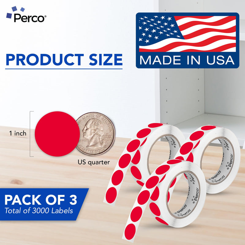 Perco Red Perforated Round Circle Dot Sticker 1-Inch Labels — 3 Rolls, 3,000 Stickers - Sale, Discount & Urgent Labels for Pricing & Alerts, Strong Adhesive - Made in USA 1 Inch