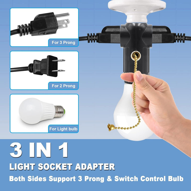 [Australia - AusPower] - Light Socket to Plug Adapter, Both Sides Support 3 Prong Light Socket Adapter, Professional Materials Light Bulb Outlet Socket Adapter with Switch Control, E26 E27 Light Bulb Socket Adapter - Black 1 