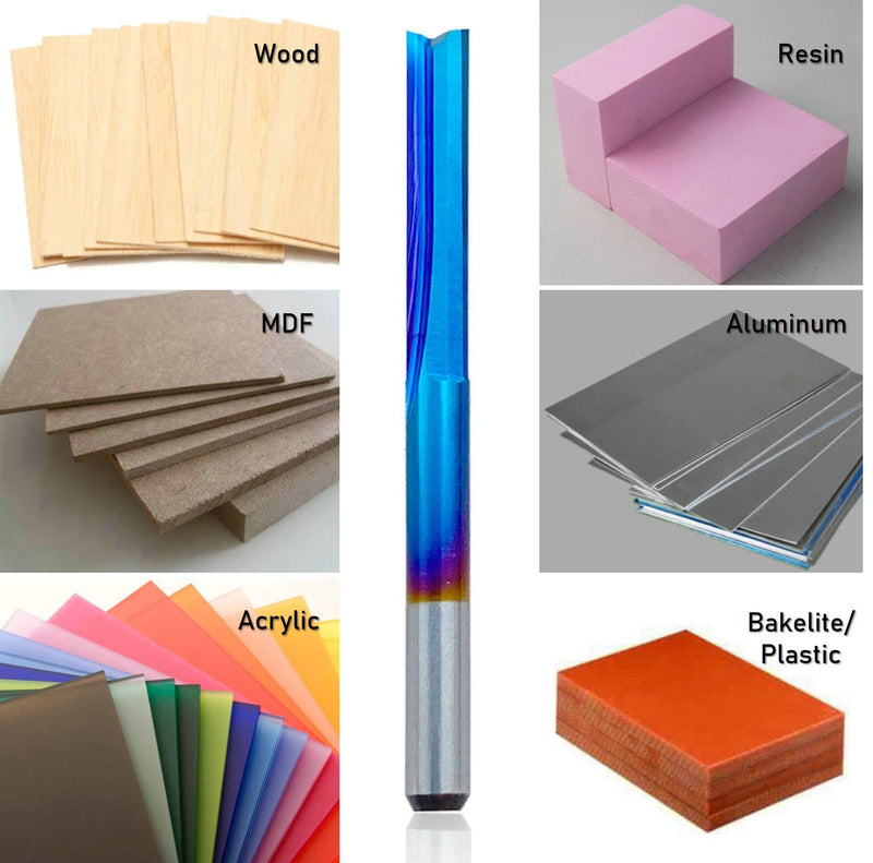 10pcs 1/8" 2-Flute Straight CNC Router Bits End Mill, 1/8” Shank Nano Blue Coating Milling Cutter for Engraving Machine Wood Plastics PVC Drilling