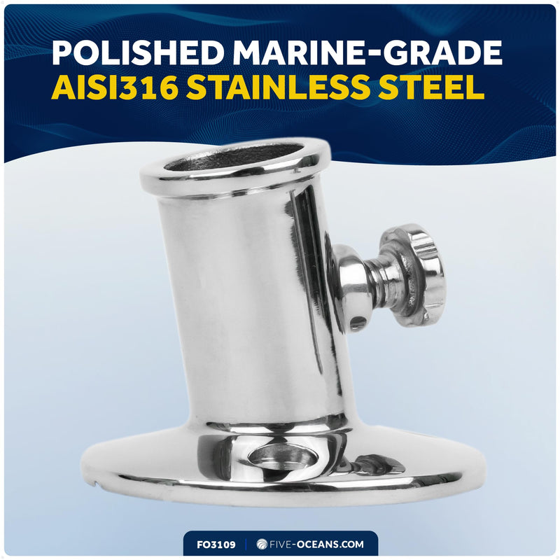 Five Oceans Top-Mount Boat Flag Pole Socket with Knob, Flag Pole Holder, Fits 3/4 Inch Diameter Poles - Tilts 15-Degree Angle, Marine Heavy Duty Polished AISI316 Stainless Steel - FO3109