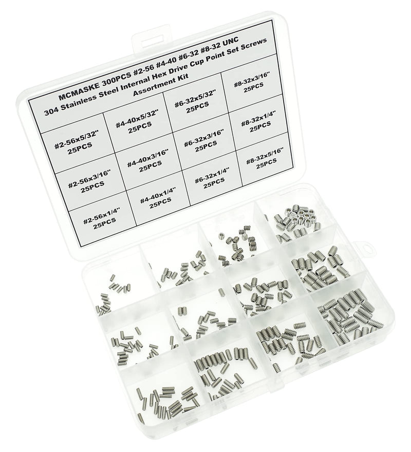 [Australia - AusPower] - 300PCS #2-56#4-40#6-32#8-32 UNC 304 Stainless Steel Internal Hex Drive Cup Point Set Screws Assortment Kit #2-56 #4-40 #6-32 #8-32UNC 