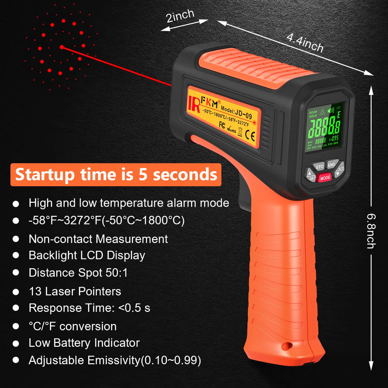 50:1-58°F ~3272°F FKM Infrared Thermometer High Temperature Gun,Non Contact Digital IR Temp Gun,High Precision Laser Thermometer Gun for Cooking,Kilns,Forges,Engine,HVAC,Industrial and Home Repair Orange