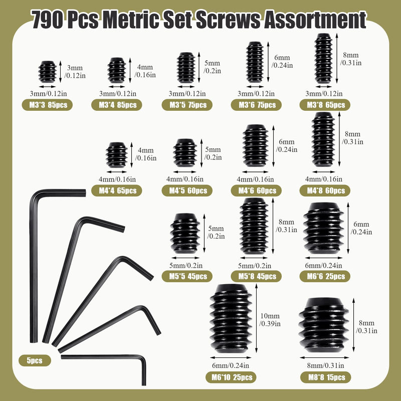 [Australia - AusPower] - 1317 Pcs 26 Size Metric + SAE Set Screw Assortment Kit Head Socket Hex Metric Set Screws Assortment Kit Black Zinc Plated 12.9 Alloy Steel Cup-Point Screws (M3-M8, 1/8"-40 to 5/16"-18) 