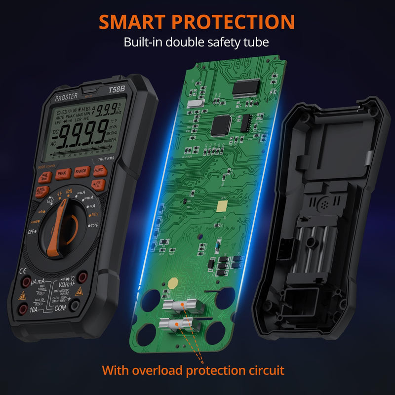 [Australia - AusPower] - Proster Multimeter 9999 Count - TRMS Auto Range NCV Detector DC AC Voltage Current Meter Temperature Capacitance Resistance Diode Continuity Tester 