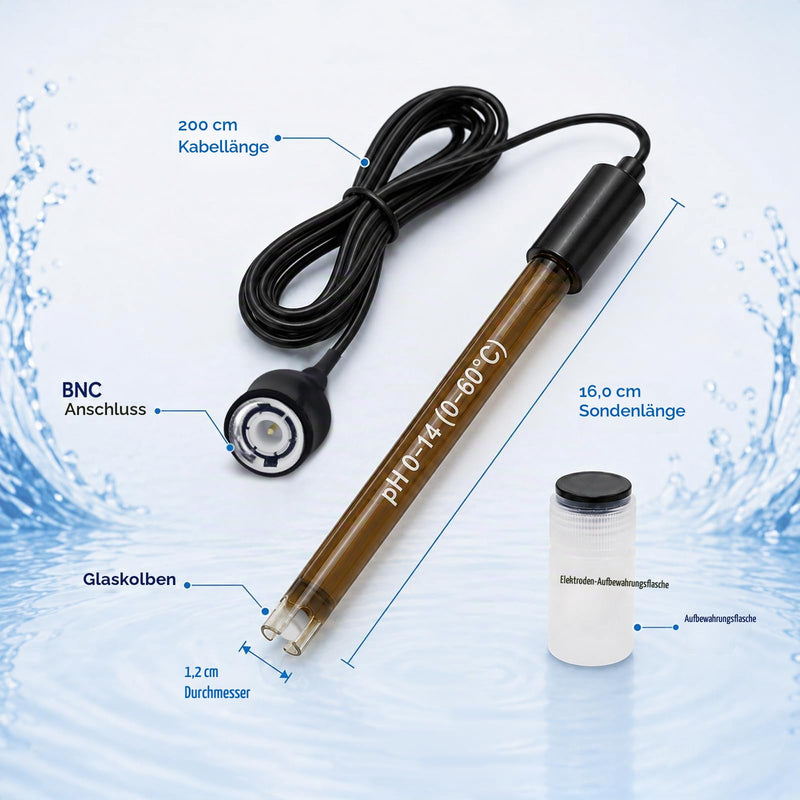High Accuracy Combination pH Electrode for Continuous pH Monitoring, 0-14 pH Probe with 200 cm Long BNC Connection Cable & Calibration Powder Replacement Kit 200 cm cable
