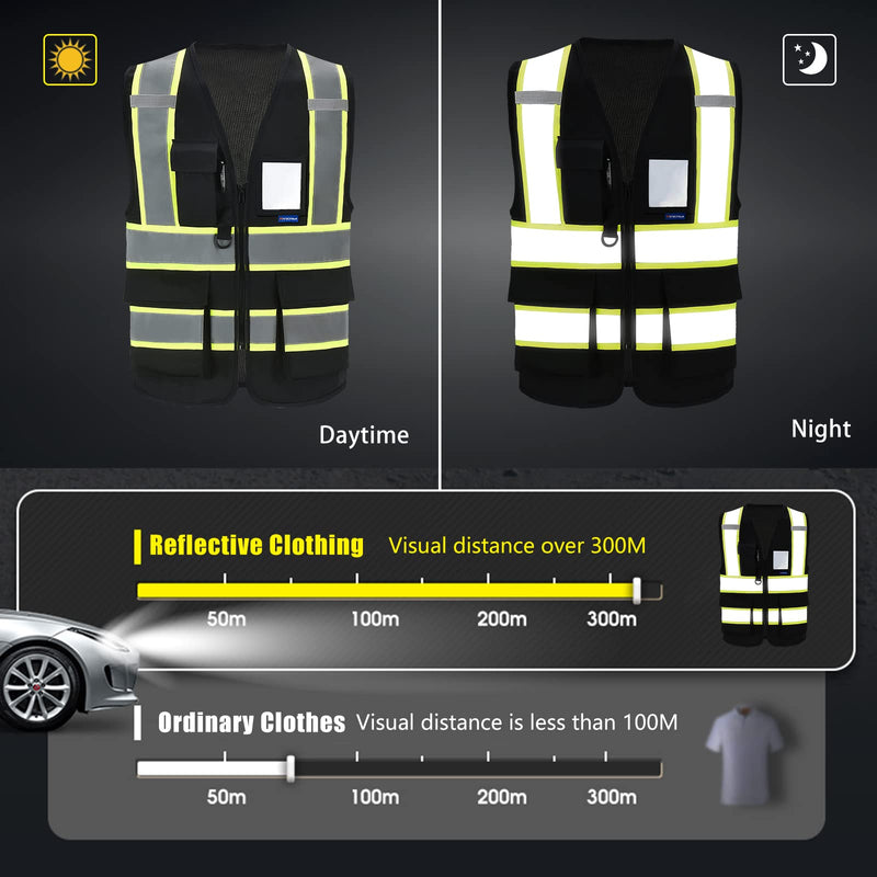 AYKRM Security Vest for Men Women 7 Pockets High Visibility Reflective Safety Vest Front Zipper Meets ANSI/ISEA Black Small