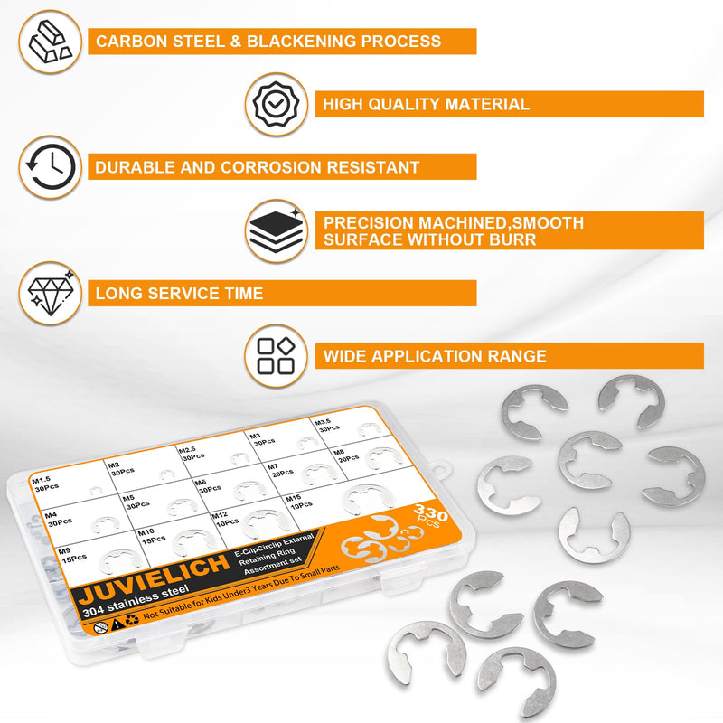 [Australia - AusPower] - E Clip Circlip Assortment Kit 330PCS 14 Size 304 Stainless Steel External Retaining Rings Washer Circlip Rings Kit Metric E Clip for Bearings Gears Pulleys,Axles Includes Sizes of M1.5-M15 Silver Stainless 330PCS E-Clips 