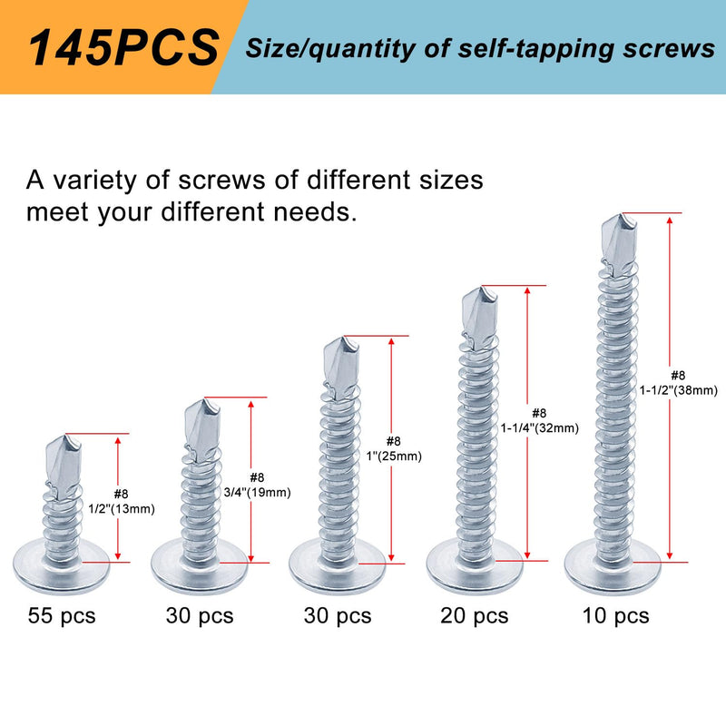 [Australia - AusPower] - weideer 145pcs #8 Sheet Metal Screws Assortment Kit Self Tapping Screws for Metal Modified Truss Head Self Drilling Screws for Metal Plastic Wood 1/2" 3/4" 1" 1-1/4" 1-1/2" 