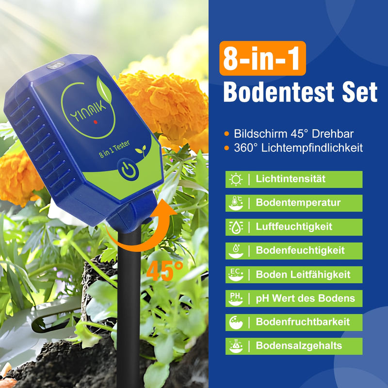 YINMIK Soil pH Moisture Meter Plants Conductivity pH Meter | Digital 8 in 1 pH Moisture EC TDS Salt Content Light Fertility Humidity Temperature Meter Blue