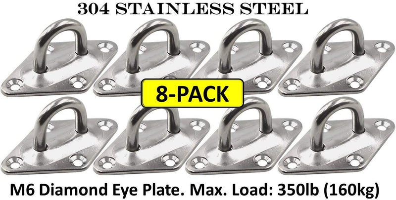 Heavy Duty Hammock Kits & Ceiling Hook Diamond Pad Eye Plates, 304 Stainless Steel & Black Zinc Galvanized Steel Corrosion Resistant, 2, 4 & 8 Packs 8-Pack-Silver-M6