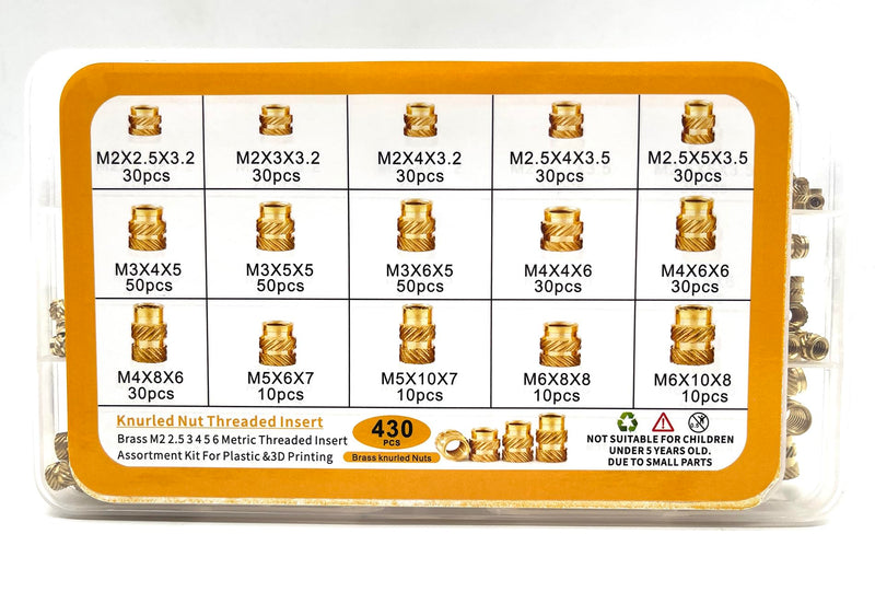 [Australia - AusPower] - 3D Printing Brass Nuts Threaded Inserts M2 M2.5 M3 M4 M5 M6 Female Thread Metric Knurled Nuts Assortment Kit Brass Heat Set Insert for Plastic and 3D Components (430Pcs+Heat Set Insert) 430Pcs+heat set insert 