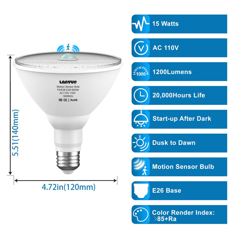 [Australia - AusPower] - Motion Sensor Light Bulbs, Dusk to Dawn Outdoor Lighting, PAR38 Led Motion Sensor Flood Light 100 Watt Equivalent(15W), 6000K Daylight, Waterproof Outdoor/Indoor,(4 Pack) LY-PAR38H001 
