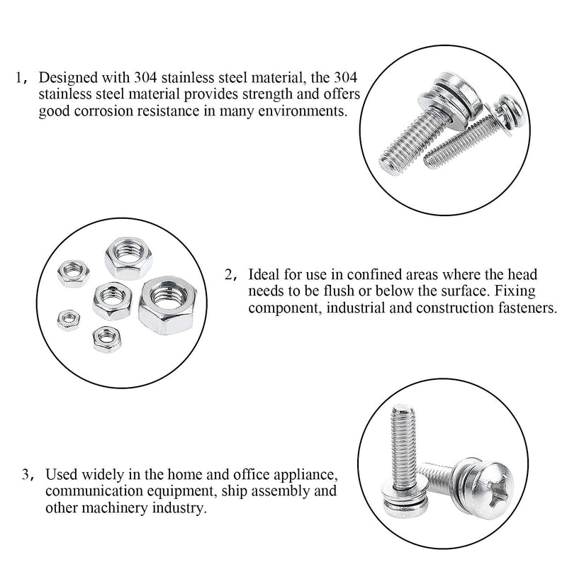 [Australia - AusPower] - DYWISHKEY 480 PCS M2 M2.5 M3 M4 M5 M6, 304 Stainless Steel Phillips Pan Head Screws Combine with Spring Washer and Flat Washers Nuts Assortment Kit 