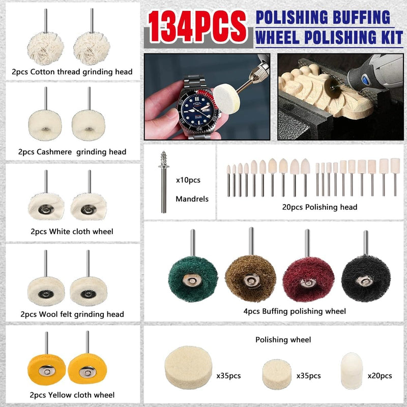 [Australia - AusPower] - 137PCS Buffing Wheel Polishing Kit with Polish Compound, Rotary Tool Accessories with 1/8" Shank, Abrasive Wheel Buffing Polishing Wire Brushes Wool Felt Cotton Mounted Compatible with Dremel 