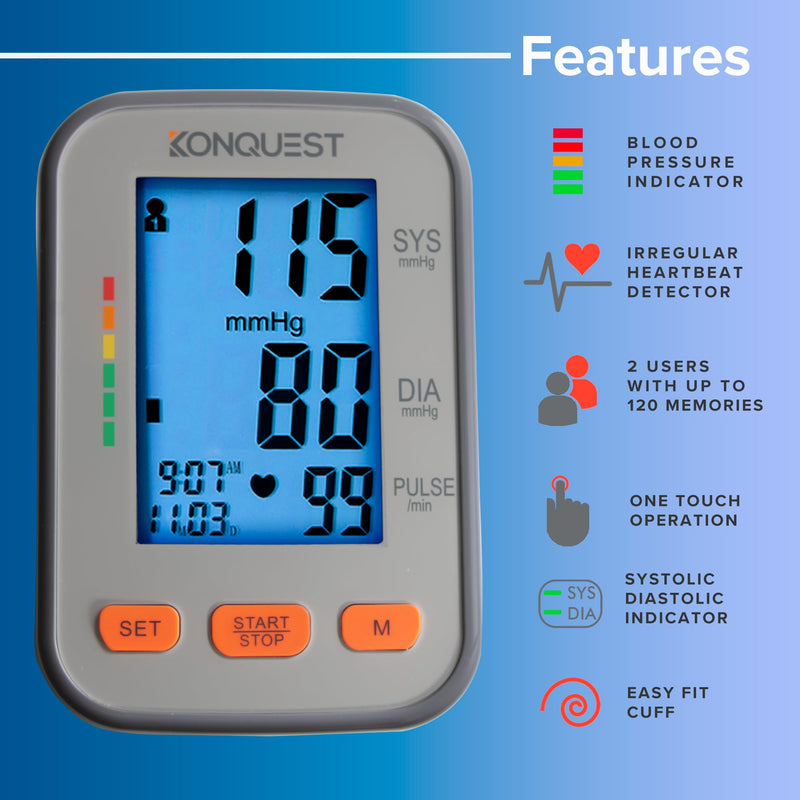 [Australia - AusPower] - Konquest KBP-2704A Automatic Upper Arm Blood Pressure Monitor - Adjustable Bp Cuff - Large Backlit Display - Irregular Heartbeat Detector - Tensiometro Digital - Bp Monitor Cuff 