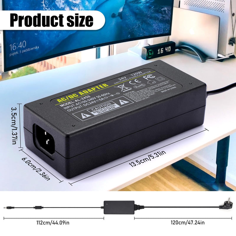 TOBWOLF DC 24V 5A Power Supply, 120W AC 100-240V Power Supply Transformers | AC 100-240V to DC 12 Volt Charger Transformer for LCD, TFT Monitor Power Supply Radio Alarm Clock, External Hard Drive