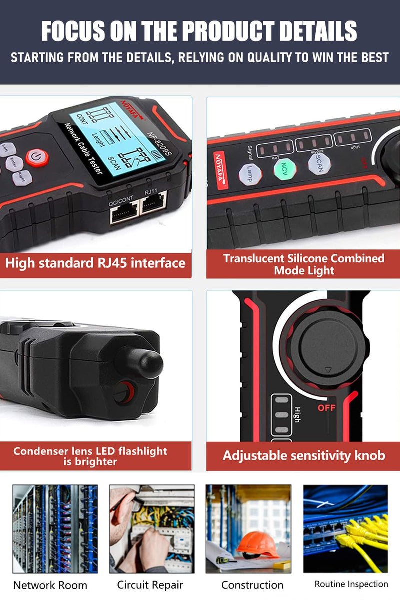 [Australia - AusPower] - NF-8209S Network Cable Tester, RJ45 Ethernet Tester for POE/Cat5/Cat7/Cat6a/Cat6/Cat5e, Wire Mapper, Length, Open/Short, Wire Fault Locator, Ethernet LAN Network Toner Tool Black And Red 