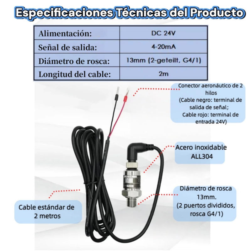 [Australia - AusPower] - Stainless Steel Pressure Transducer 0-10 Bar Pressure Sensor 1 Mpa Pressure Transmitter Highly Accurate Water Pressure Sensor Bends 24 V DC 4-20 mA Output G1/4 Inch for Water Gas, Protection Class 