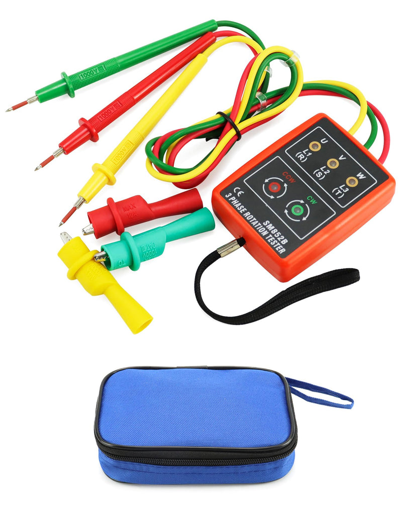 QWORK Phase Tester, Rotary Field Meter for 3 Phases, 60 V ~ 600 V AC, 20-400 Hz, with Buzzer Tester and Crocodile Clips