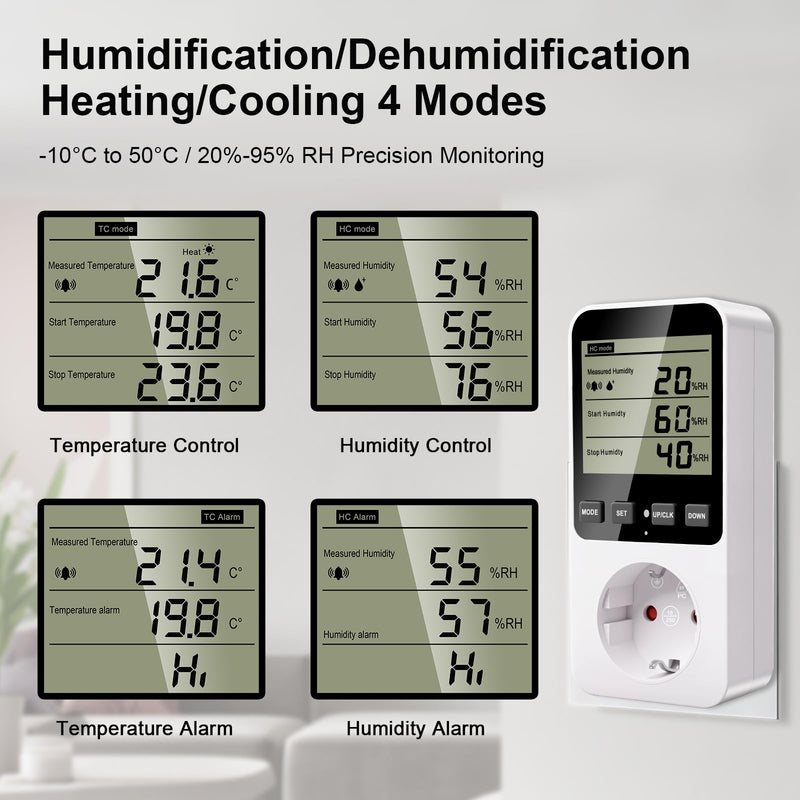 Hygrostat Socket with Sensor, Humidity Regulator / Temperature Controller Socket Humidity Controller with Alarm, Humidity Controller 16 A 230 V for Humidifier Dehumidifier Mushroom Terrarium