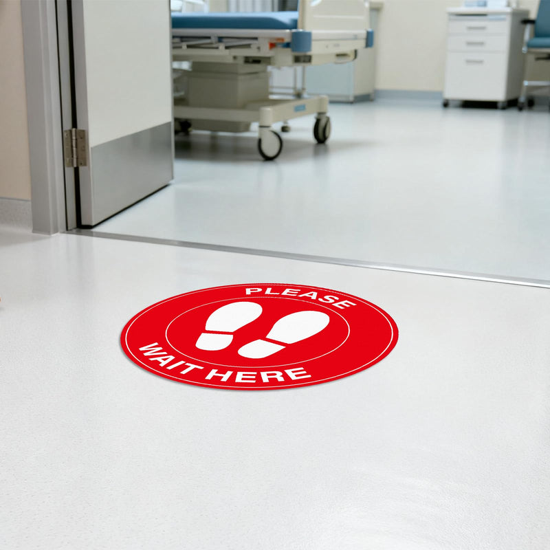 20 Pack Please Wait Here Sign 10 Inch Self Adhesive Waterproof Vinyl Wait Here Floor Stickers for Office Warehouse Classroom Clinic Indoor Outdoor