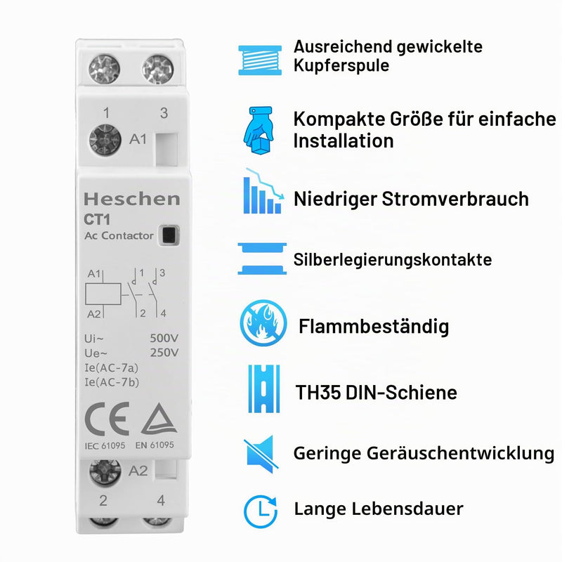 Heschen CT1-25 Household AC Contactor 2-Pole Open 220 V / 230 V Coil Voltage 35 mm DIN Rail Mount 230VAC 2NO 2P 1