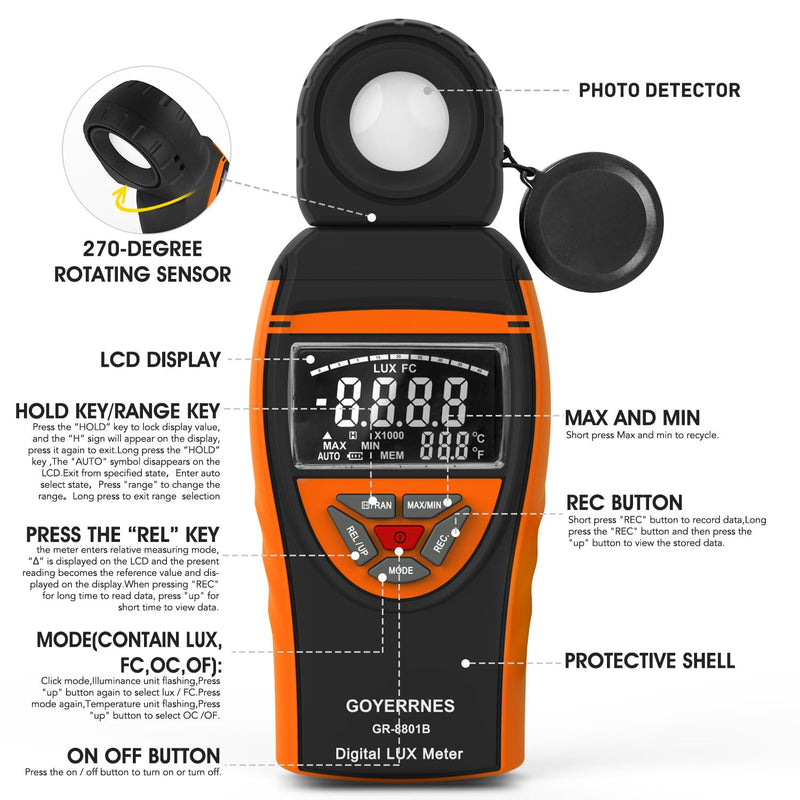 [Australia - AusPower] - Illuminance Light Meter, Digital Lux Foot Candles Meter 0.1~400,000 Lux (0.1~40,000 FC) with 270º Rotatable Detector, Lumen Meter Luxmeter for Indoor Outdoor 