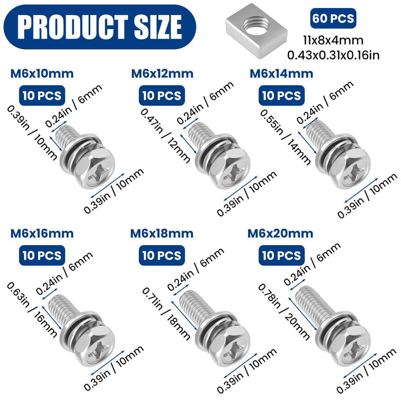 [Australia - AusPower] - 120Pcs 304 Stainless Steel M6 Motorcycle Battery Terminal Bolts & Nuts - 6 Sizes (M6x10/12/14/16/18/20mm) with Square Nuts, Suitable for ATV, Bike, Scooter, Boat 6 Sizes (M6x10/12/14/16/18/20mm), 120P 