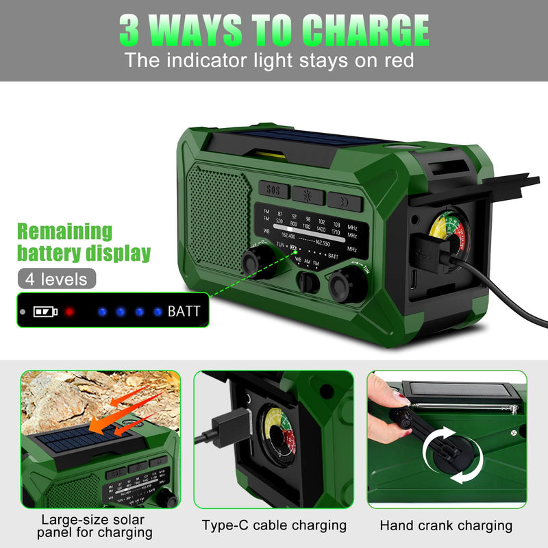 [Australia - AusPower] - 10000mAh Emergency Hand Crank Radio with LED Flashlight, AM/FM NOAA Portable Weather Alert Radio, Solar Powered Radio with Phone Charger, USB Charged, Headphone Jack, SOS Alarm, Compass for Outdoors 