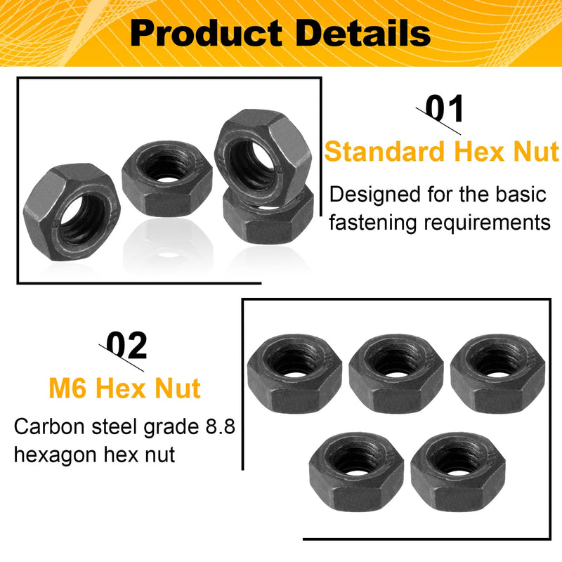 [Australia - AusPower] - 100pcs M6-1mm Hex Nuts, Carbon Steel, Black Oxide, M6 x 1.00mm Hex Drive, Grade 8.8, Metric, Right Hand, 10mm/0.4" Width, 5mm/0.2" Height, Replacement Nut with Plastic Case 