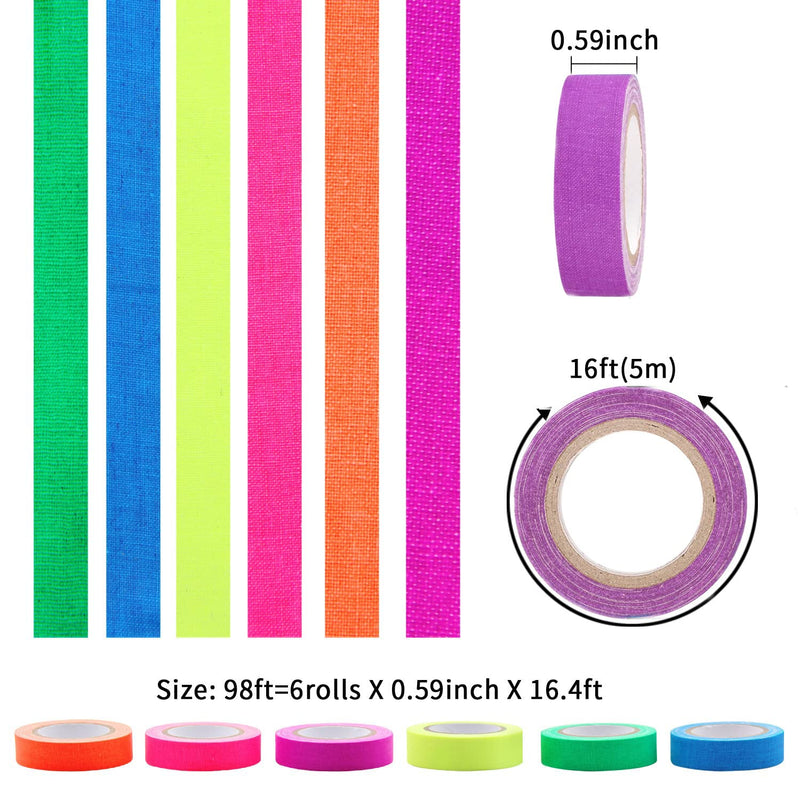 [Australia - AusPower] - Adhesive Tape, 6 Colors Neon Gaffer Cloth, UV Blacklight Glow Tape, 0.6 inch x 16.5 feet x 6 Rolls 