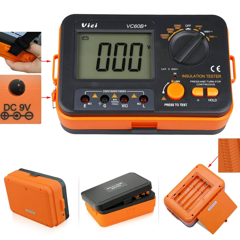 [Australia - AusPower] - Digital Insulation Resistance Tester VICI VC60B+ Megohm Meter DC250/500/1000V AC750V Double Alarm Backlight LCD Display&Data Hold OHM Meter DCV ACV Megohmmeter 