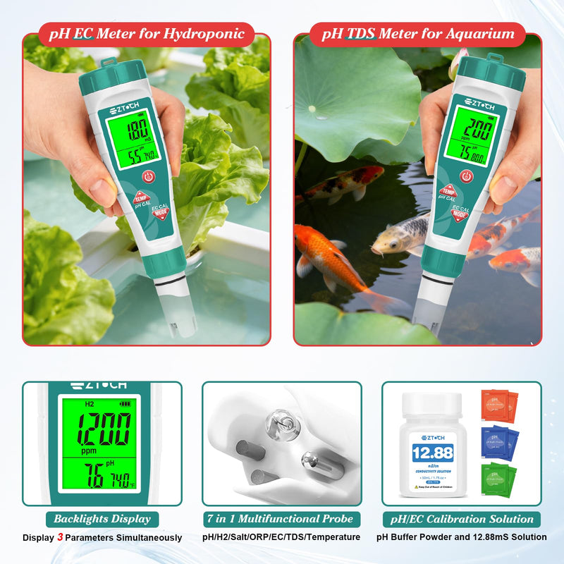 Pool Salinity pH Tester Hydrogen Water Tester, 7 in 1 pH Salt ORP H2 TDS EC Temp Meter for Salt Water Pool, Hydrogen TDS PPM Tester for Drinking Water, pH EC ORP Meter for Hydroponic Water