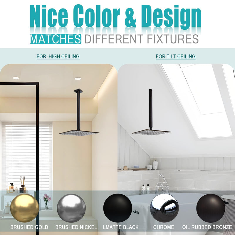 Oil Rubbed Bronze Shower Arm with Flange and Teflon Tape for High Ceiling Fixed Rain Showerhead, Universal Connection 16-inch Square Straight Shower Head Extender Extension Pipe, 304 Stainless Steel 16inch Oil Rubbed Bronze