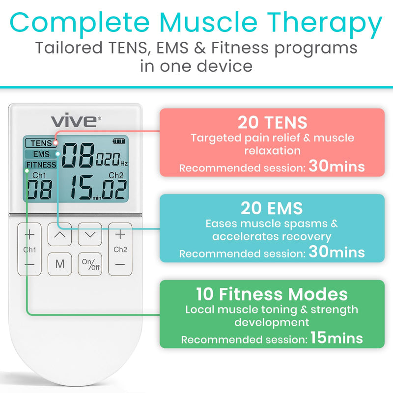 [Australia - AusPower] - Vive 50 Mode TENS Machine for Pain Relief Therapy - EMS & Tens Muscle Stimulator for Back, Body, Recovery, Cramps - Rechargeable Unit with 8 Reusable Electrode Pads & Adjustable Intensities 