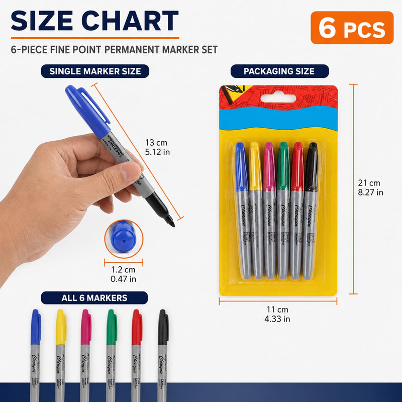 6-Piece Tattoo Felt Pen Set, Surgical Skin Marker with Fine Tip, Water-based Non-Toxic Ink, Precise Positioning for Tattoo Preliminaries, Makeup Designs and Contours